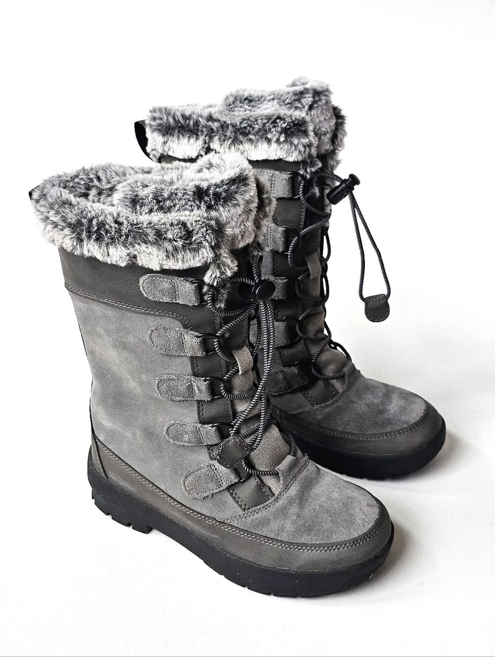 All In Motion Leather Upper Girls Gray Faux Fur Winter Snow Boots Size 1